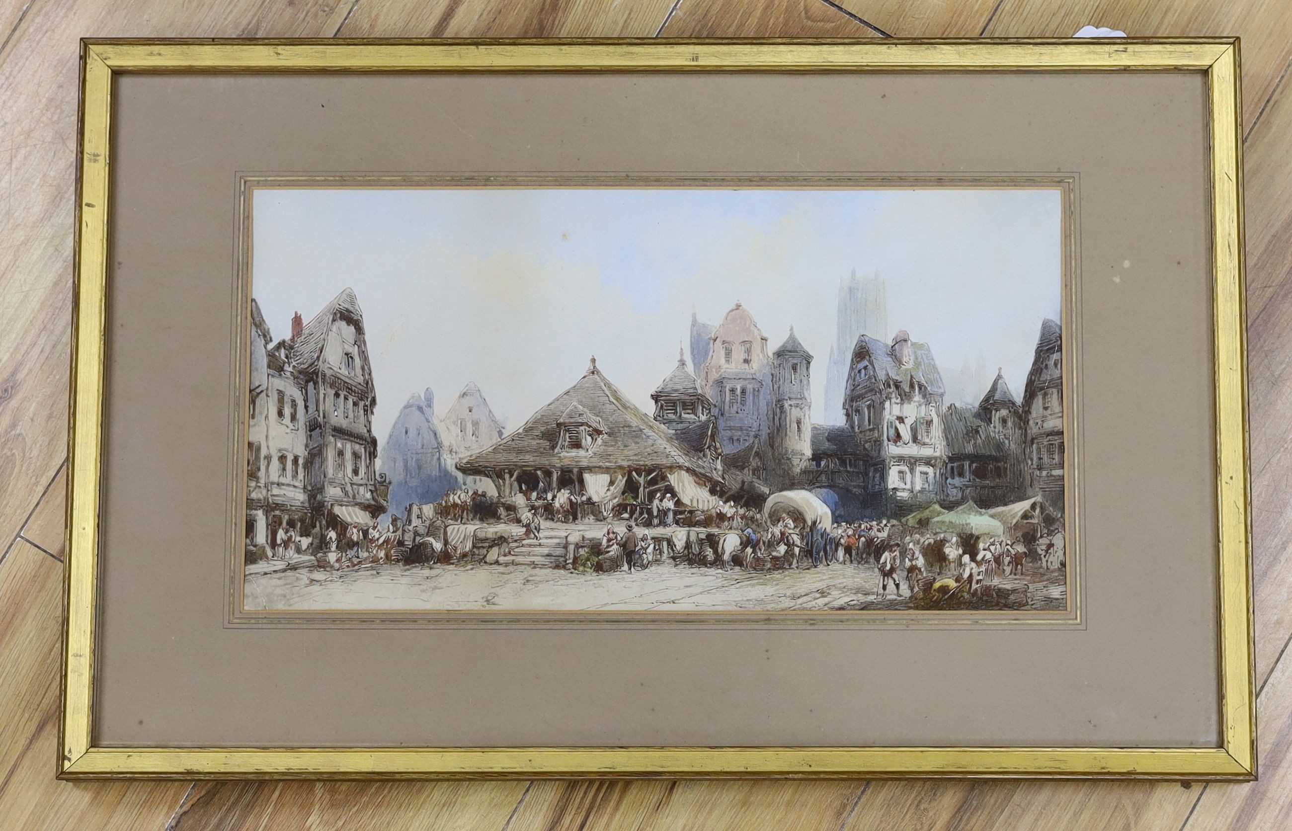 Paul Marny (1829-1914), watercolour, French town scene, 23 x 46cm